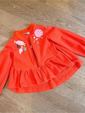 Coral Red RASPBERRY PLUM Girls Peplum Zip Jacket with Candy Appliqué embroidery